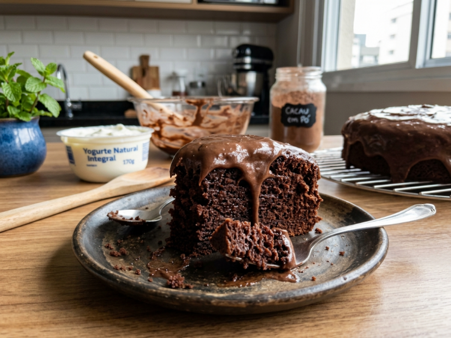 Bolo de chocolate com iogurte fica incrivelmente fofinho e conquista na primeira fatia