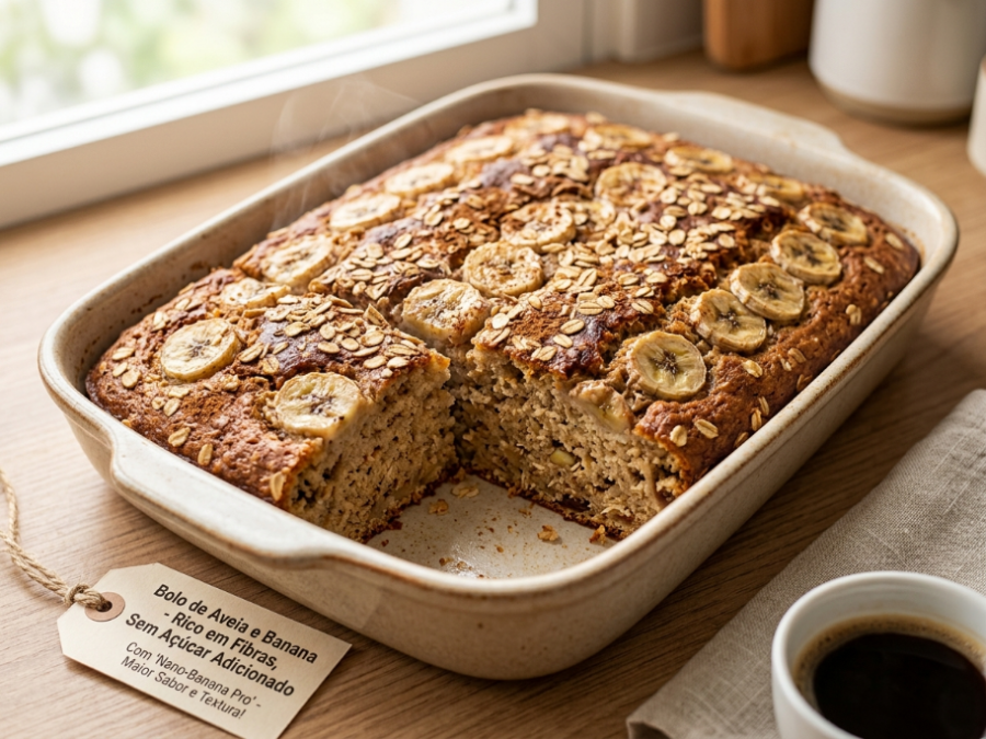 Bolo de banana com aveia sem açúcar fica fofinho, nutritivo e cheio de sabor natural