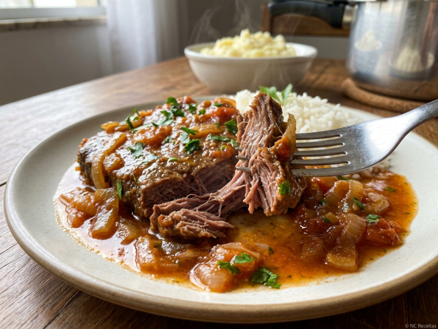 Bife de panela de pressão fica macio, suculento e desmancha no garfo