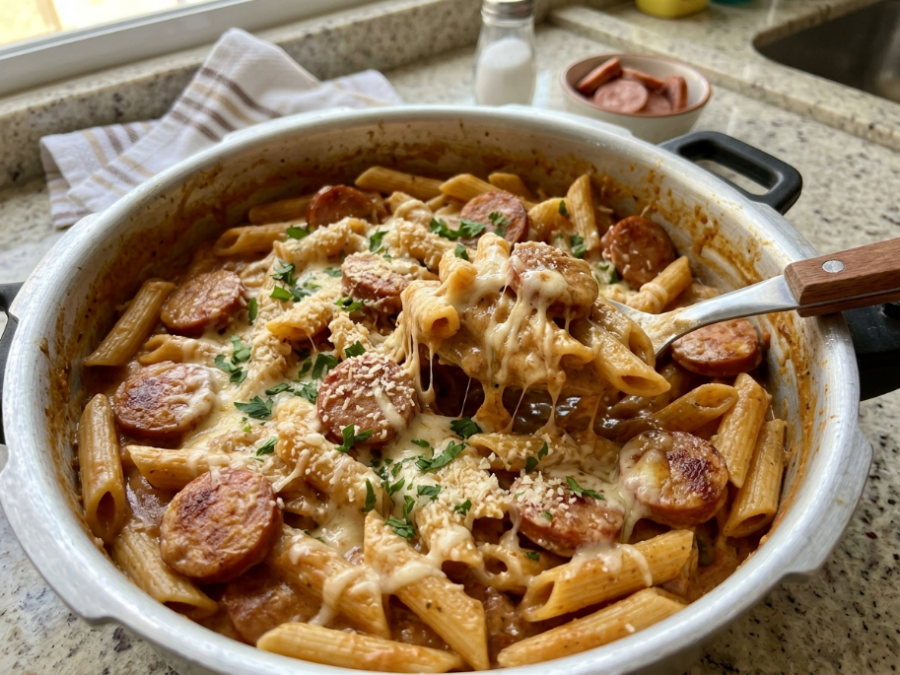 Macarrão de panela de pressão com calabresa e queijo fica cremoso e pronto em poucos minutos