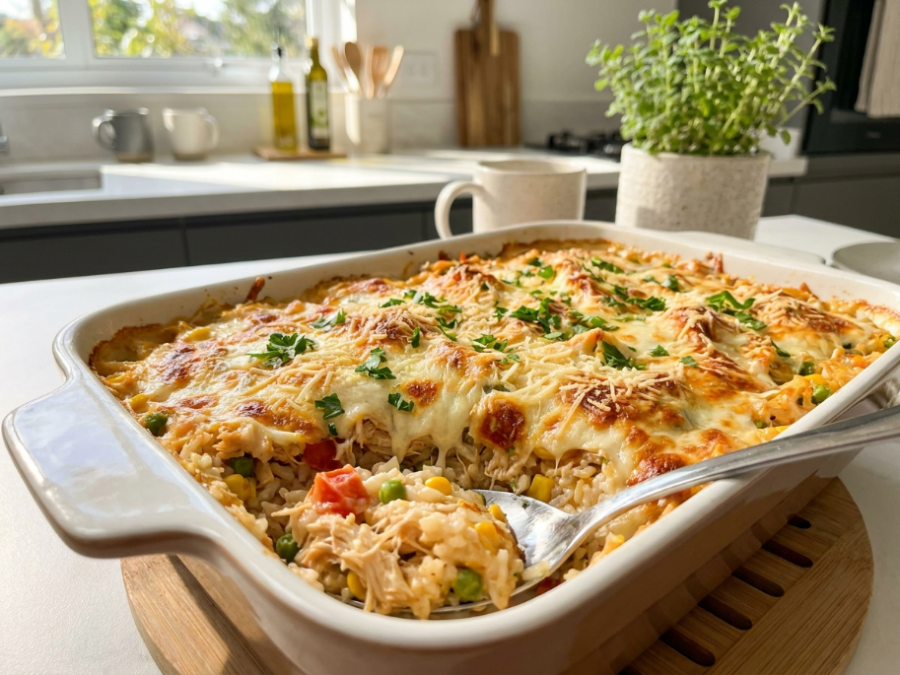 Arroz de forno com frango e queijo fica cremoso, gratinado e rende uma refeição completa