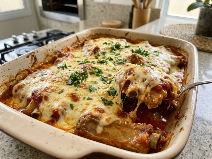 Costelinha de Porco à Parmegiana com Queijo derretido e molho caseiro que impressiona na primeira garfada