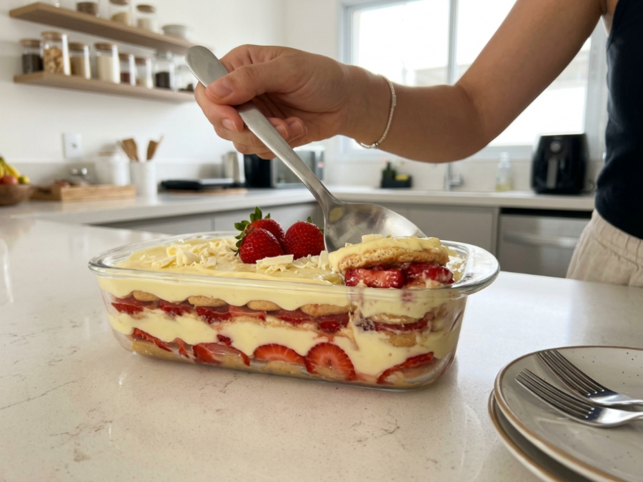 Pavê de Morango cremoso com camadas perfeitas e sabor que derrete na boca