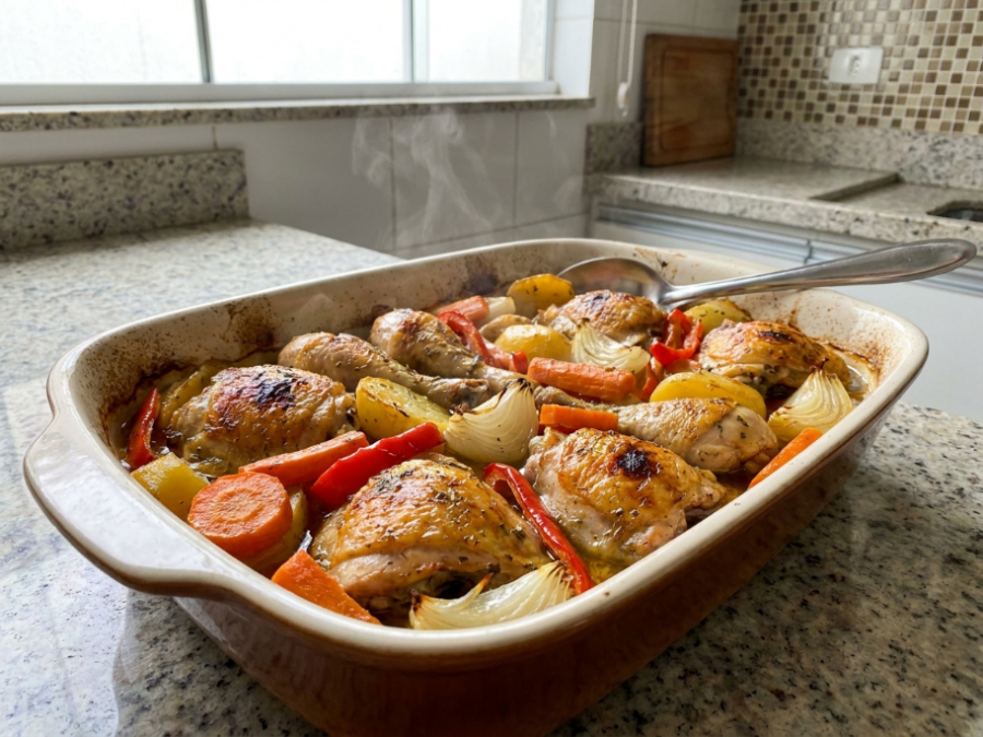 Frango Assado com Legumes Suculento: a receita completa para um almoço de domingo perfeito