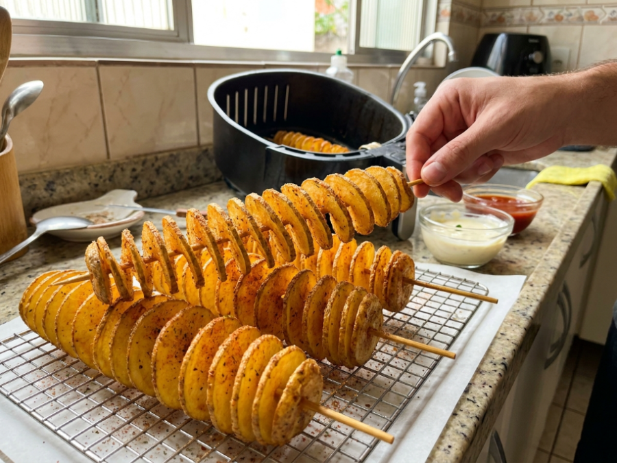 Batata tornado na Air Fryer fica crocante por fora e macia por dentro com um tempero irresistível