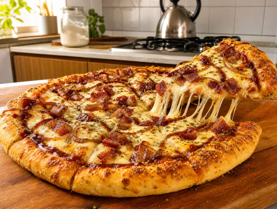 Pizza de queijo e bacon com molho barbecue fica irresistível e cheia de sabor