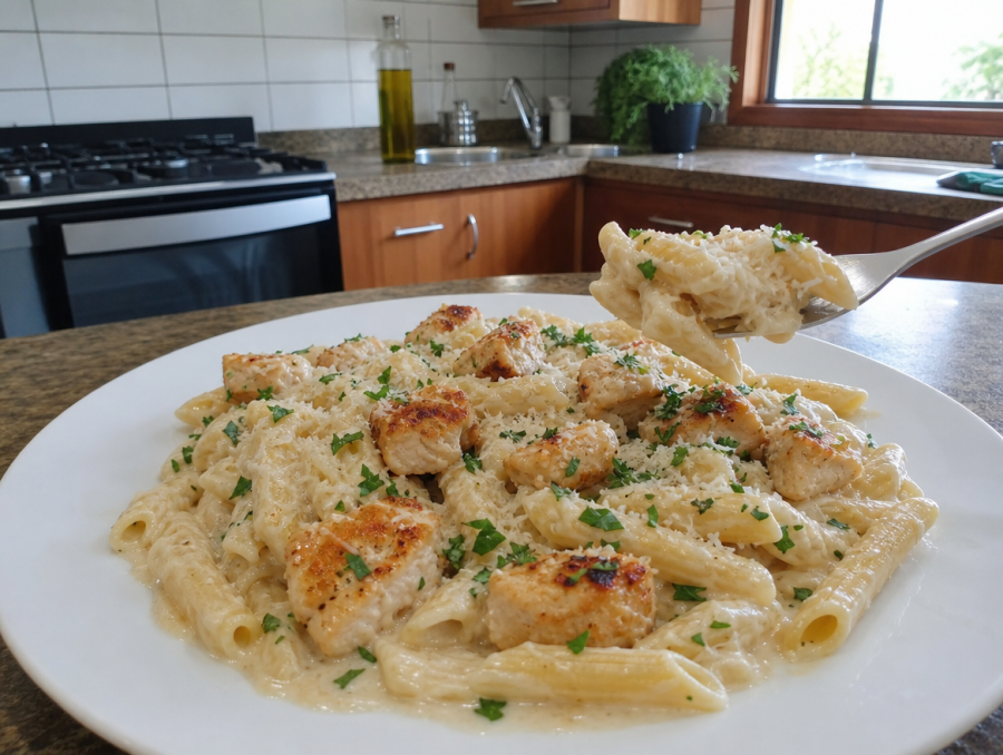 Macarrão cremoso com frango e molho de parmesão conquista pelo sabor e praticidade