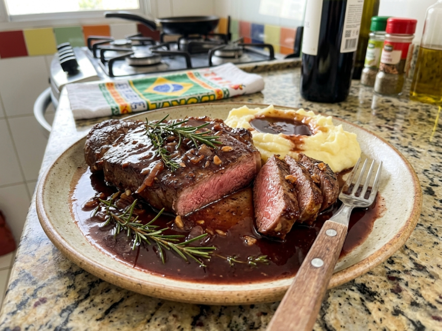Contra filé ao molho de vinho deixa qualquer refeição com sabor de restaurante