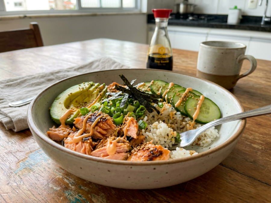 Bowl de salmão com arroz virou tendência por unir praticidade, sabor e muito frescor