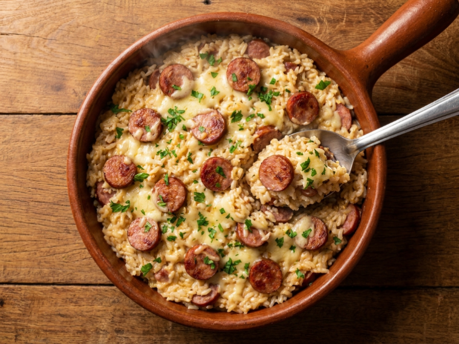 Arroz Cremoso de Calabresa Feito em Uma Panela que Fica Pronto em Poucos Minutos